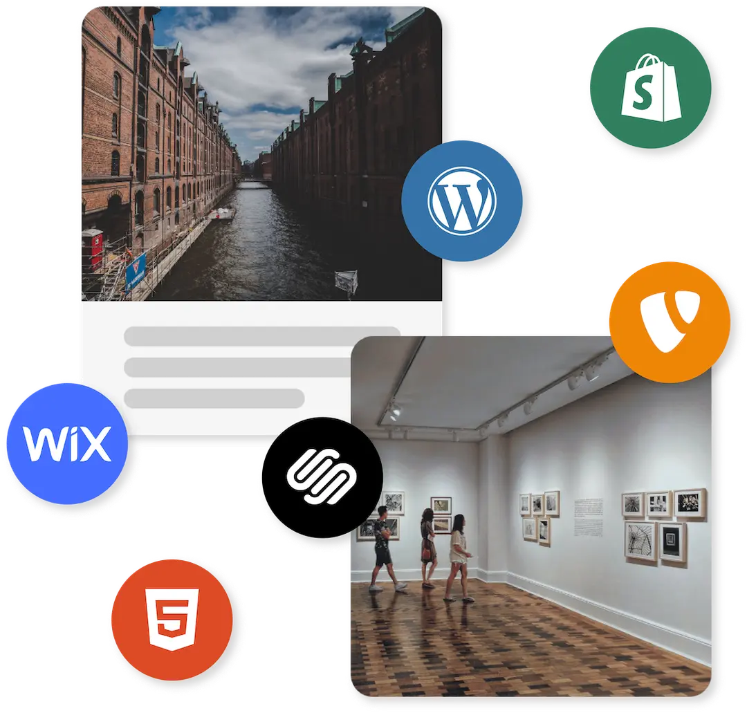 Grafische Darstellung von zwei überlappenden Bildern – eines zeigt eine Wasserstraße mit historischen Backsteingebäuden, das andere eine Kunstgalerie mit Besuchern. Um die Bilder herum schweben Icons verschiedener Website-Baukasten- und CMS-Plattformen, darunter WordPress, Shopify, Wix, Typo3, Squarespace und HTML5, was auf eine Integration oder Kompatibilität mit diesen Systemen hinweist.